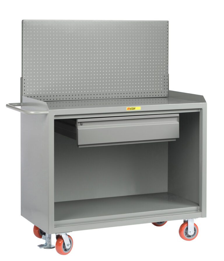 MB-2448-HDFL-PB.jpg The Little Giant Mobile Bench Cabinet includes a gray workbench, perforated pegboard back, one drawer, and an open storage area. It has four red caster wheels and a side handle for easy maneuvering.