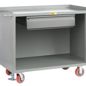 The Little Giant Mobile Bench Cabinets offer a gray metal design with a durable handle, open shelf, heavy-duty lockable drawer on top, and four red caster wheels for easy mobility.