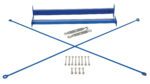 The Vestil Medium Duty Cantilever Brace Set 96 X 60 displays blue metal parts, including two diagonal rods, rectangular brackets, turnbuckles, and multiple bolts arranged elegantly on a white background.