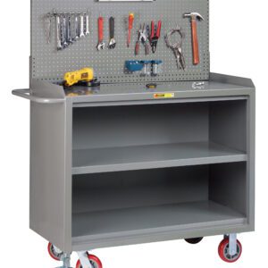 A gray metal Little Giant Mobile Bench Cabinet with red wheels features two shelves and a pegboard, displaying tools like wrenches, pliers, a hammer, a level, and a cordless drill neatly at the back.