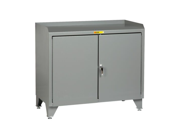 The Little Giant Counter Height Bench Cabinet with Welded Center Shelf is a gray metal unit featuring a flat top, two closed doors, a single handle, small legs, and a warning label above the doors. Its designed for industrial or utility use.