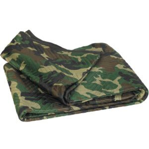 The MH-USA 72 x 80 Camouflage Moving Blankets (6/Case) feature a green, brown, and black pattern, perfect for blending into any setting.