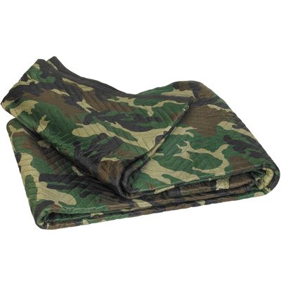 MB7280C.jpg The MH-USA 72 x 80 Camouflage Moving Blankets (6/Case) feature a green, brown, and black pattern, perfect for blending into any setting.
