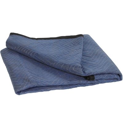 MB7280E.jpg The MH-USA 72 x 80 Economy Moving Blankets (6/Case) feature a folded blue quilted pattern with diagonal stitching and black trim.