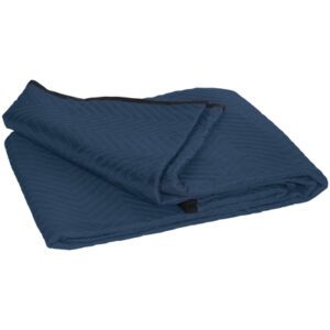 The MH-USA 72 x 80 Standard Moving Blankets (6/Case) feature a neatly folded dark blue design with visible stitching, a chevron pattern, and a darker hem for durability.