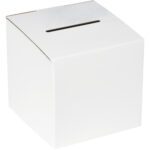 The MH-USA White Ballot Box, measuring 10 x 10 x 9-10 inches, features a rectangular slot for cards or paper and blends subtly into any setting with its plain white cardboard design.