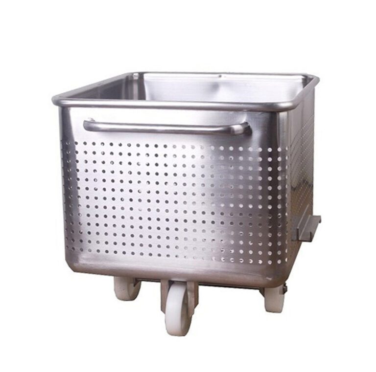MBG-PF-400_A.jpg The Vestil Meat Buggy Perforated 400Lb Cap 304 Grade Ss is made from 304-grade stainless steel, features small round holes, and supports up to 400lb. Sturdy wheels and a convenient handle ensure easy mobility, making it practical for various settings.