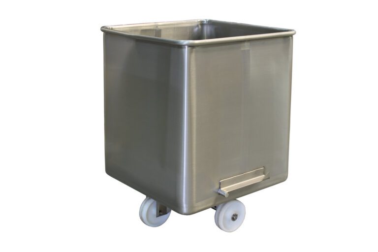 The Vestil Meat Buggy Solid 400Lb Cap, made of 304 Grade SS, is a rectangular metal bin with a smooth surface and features two pairs of white wheels for mobility and a small handle near the base for easy maneuvering.