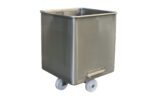 The Vestil Meat Buggy Solid 600Lb Cap 304 Grade SS is a rectangular stainless steel bin with a smooth finish, four white wheels for easy mobility, and a handle in the bottom right corner.