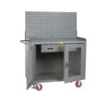 The Little Giant Mobile Bench Cabinets with Clearview Doors feature red caster wheels and a perforated back panel for versatile mobility. The sturdy design includes Clearview mesh doors, a closed drawer above, and a side handle for easy maneuvering—ideal for efficient tool storage and organization.