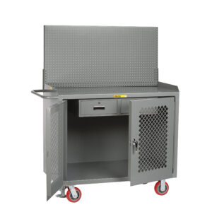 A gray rolling tool cabinet features red caster wheels, a perforated pegboard backing, and resembles the Little Giant Mobile Bench Cabinets with Clearview Doors. It includes a handle on the left side, an open door for interior storage, and a closed drawer above.