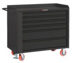 The Little Giant Mobile Tool Cabinet is a black metal tool chest with six spacious drawers, a side handle, and stylish red-rimmed caster wheels for easy mobility.