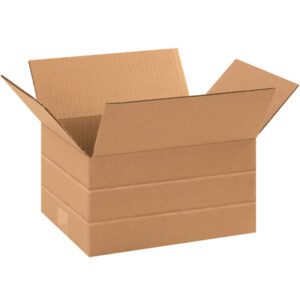 An open MH-USA 11 1/4 x 8 3/4 x 6 multi-depth corrugated box, featuring a simple brown design with extended flaps, sits empty against a plain white background, highlighting its functional and minimalist aesthetic.