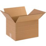 The MH-USA 12 x 10 x 8 Multi-Depth Corrugated Box, part of a 25/Bundle collection, sits open against a white background, displaying its sturdy and versatile design.