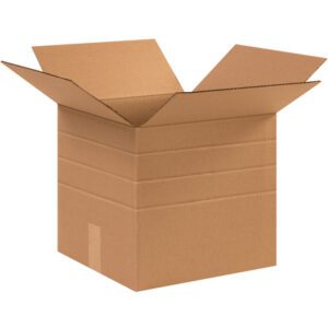 An MH-USA 12 1/2 x 12 1/2 x 12 multi-depth corrugated box is open with flaps spread outward. Against a plain white background, the light brown, textured surface stands out—perfectly empty and ready for packing anything you need.