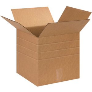 A brown MH-USA 13 x 13 x 13 multi-depth corrugated box, with flaps folded outward, stands open and empty against a plain white background, demonstrating its versatile design.