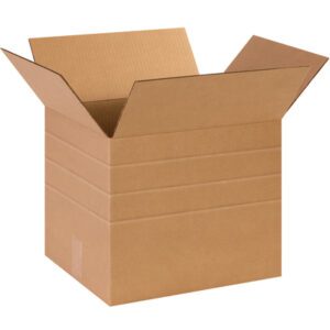 Open a MH-USA 14 x 12 x 12 multi-depth corrugated box with outward flaps sits empty against a plain white background, highlighting its brown, textured design. Sold in convenient bundles of 25 for versatile packaging needs.