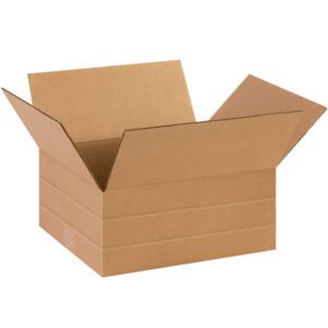 A brown MH-USA 14 x 12 x 6 multi-depth corrugated box, part of a 25/bundle set, is open with flaps extended outward and shown empty against a plain white background.