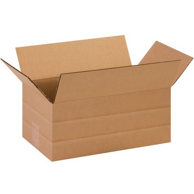 MD1486.jpg An open brown MH-USA 14 x 8 x 6 multi-depth corrugated box with outward flaps from a bundle of 25, is empty and placed against a plain white background.