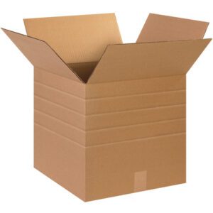 An open MH-USA 15 x 15 x 15 Multi-Depth Corrugated Box from a convenient 25/Bundle pack stands with flaps spread outward, revealing its textured interior. The plain brown box appears empty under soft lighting that casts a gentle shadow to the side.