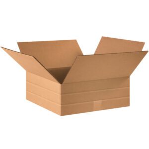 The MH-USA 16 x 16 x 6 Multi-Depth Corrugated Box, flaps extended outward against a plain white backdrop, highlights its durable sides—ideal for versatile packaging. Sold in bundles of 25.