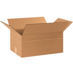An open brown cardboard box with its flaps extended, recognized as part of the MH-USA 17 1/4 x 11 1/4 x 8 Multi-Depth Corrugated Boxes (25/Bundle), stands empty against a plain white background.