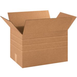 An MH-USA 18 x 12 x 12 multi-depth corrugated box, with flaps extended outward, sits against a plain background. The empty box highlights its sturdy corrugated texture, ideal for versatile packaging needs. (Product: Multi-Depth Corrugated Boxes (25/Bundle)).