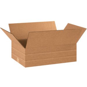 The MH-USA 18 x 12 x 6 Multi-Depth Corrugated Box lies open with flaps extended, made from brown corrugated material. Versatile for shipping or storage, it rests on a plain white background (25/Bundle).