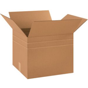 An MH-USA 18 x 15 x 15 multi-depth corrugated box with flaps extended is displayed against a white background, highlighting its brown texture and sturdy design. Sold in bundles of ten.