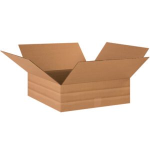 The MH-USA 18 x 18 x 6 Multi-Depth Corrugated Box, with its brown hue and outward flaps casting shadows, offers reliability and durability against a plain white backdrop.