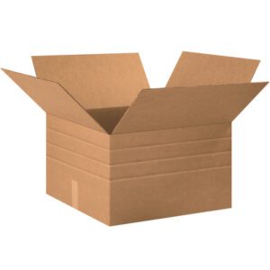 A MH-USA 20 x 20 x 12 multi-depth corrugated box with flaps outward sits against a plain white background, highlighting rectangular shapes and fold lines.