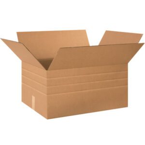 A plain, open brown MH-USA 24 x 18 x 12 multi-depth corrugated box with outward flaps is set against a white backdrop. These boxes come in bundles of 10, ideal for versatile storage and shipping.