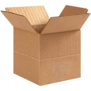An open MH-USA 4 x 4 x 4 Multi-Depth Corrugated Box, showcasing its empty interior and unique corrugated texture, sits against a plain white background.