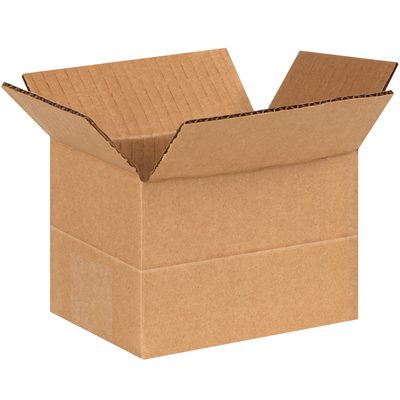 MD644.jpg An empty MH-USA 6 x 4 x 4 Multi-Depth Corrugated Box, sold in bundles of 25, sits with outward-folded flaps against a white background, exemplifying simplicity and practicality.