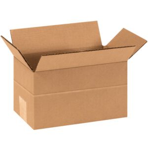 An open MH-USA 9 x 5 x 5 Multi-Depth Corrugated Box is upright on a white background, showcasing its outward-folded flaps and simple corrugated design.