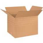 An upright, partially open MH-USA 26 x 20 x 20 heavy-duty multi-depth box with extended flaps stands empty against a white background, ready for versatile use.