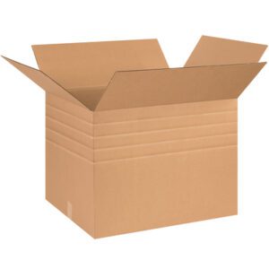 An upright, partially open MH-USA 26 x 20 x 20 heavy-duty multi-depth box with extended flaps stands empty against a white background, ready for versatile use.