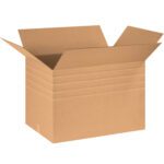 A brown MH-USA 30 x 20 x 20 heavy-duty multi-depth box with open flaps and horizontal creases offers both durability and versatility.