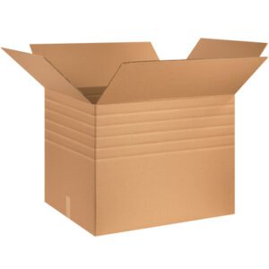 An open MH-USA 30 x 24 x 24 heavy-duty multi-depth box with outward flaps lies empty on a plain white background, showcasing its sturdy brown build, perfect for packing or shipping.