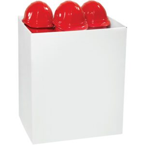 A plain MH-USA 24 3/4 x 18 3/4 x 30 White Large Bin Floor Display (10 pack) holds three red hard hats just peeking over the rim, standing upright against a white background for a sleek and organized look.