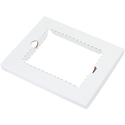 MDMI1.jpg A white rectangular cardboard frame, similar to the MH-USA 10 5/16 x 12 11/16 White DVD Literature Insert, features a cut-out center and two circular side cut-outs. Dashed lines make folding and assembly easy, allowing it to rest at an angle.