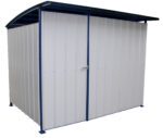 The Vestil Multi-Duty Shed W/Front Doors 120 In, featuring a blue frame and white corrugated steel panels with a slight roof curve, has double front doors with a central latch and stands against a white background.