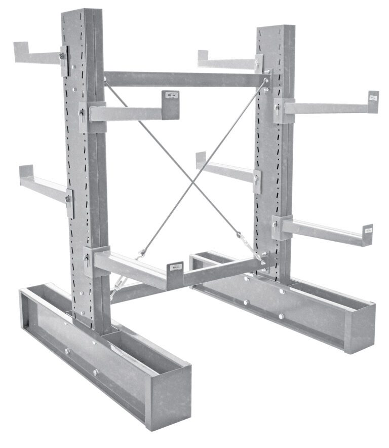 The Vestil Galv Cantilever Dbl 6 Upright Md 24 Set is a gray metal storage rack with adjustable arms and cross-bracing, ideal for long, flat items. Its broad base enhances stability, and the design is robust and industrial.
