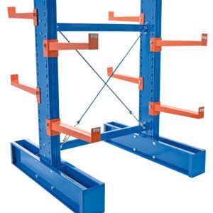 The Vestil Cantilever Double Upright Md 6Ft 24Set includes a blue rack, four adjustable orange arms per side for heavy-duty storage, and a wide base with diagonal support bars for great stability.