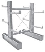 The Vestil Galv Cantilever Dbl 6 Upright Md 36Set is a silver metal storage rack with adjustable horizontal beams and crossbars, providing a sturdy frame for holding materials on its stable large base.