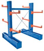 The Vestil Cantilever Double Upright, 6Ft 36Set in blue and orange, includes multiple horizontal arms for bulky item storage and features a stable base with vertical supports and cross braces for added support.
