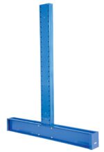The Vestil Cantilever Double Upright Md 8Ft30/36 Arm is a T-shaped blue metal support featuring a tall vertical section, horizontal base, and circular perforations along the spine, all set against a plain white background.