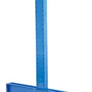 The Vestil Cantilever Double Upright Md 8Ft30/36 Arm is a T-shaped blue metal support featuring a tall vertical section, horizontal base, and circular perforations along the spine, all set against a plain white background.