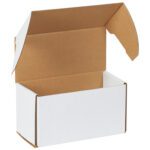 An MH-USA 10 5/16 x 5 x 5 9/16 White Outside Tuck Mailer lays open with flaps extended, showcasing its durable corrugated texture against a plain backdrop.