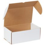 An MH-USA 11 3/4 x 7 1/4 x 4 3/4 White Outside Tuck Mailer, part of a bundle of 25, is open to reveal its white exterior and brown interior. All flaps extended, the empty mailer rests elegantly against a pristine white background.